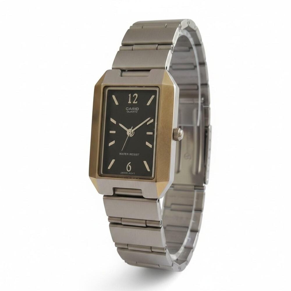 Casio Womens Watch Rectangle Black Dial Gold Case Silver Bracelet Quartz